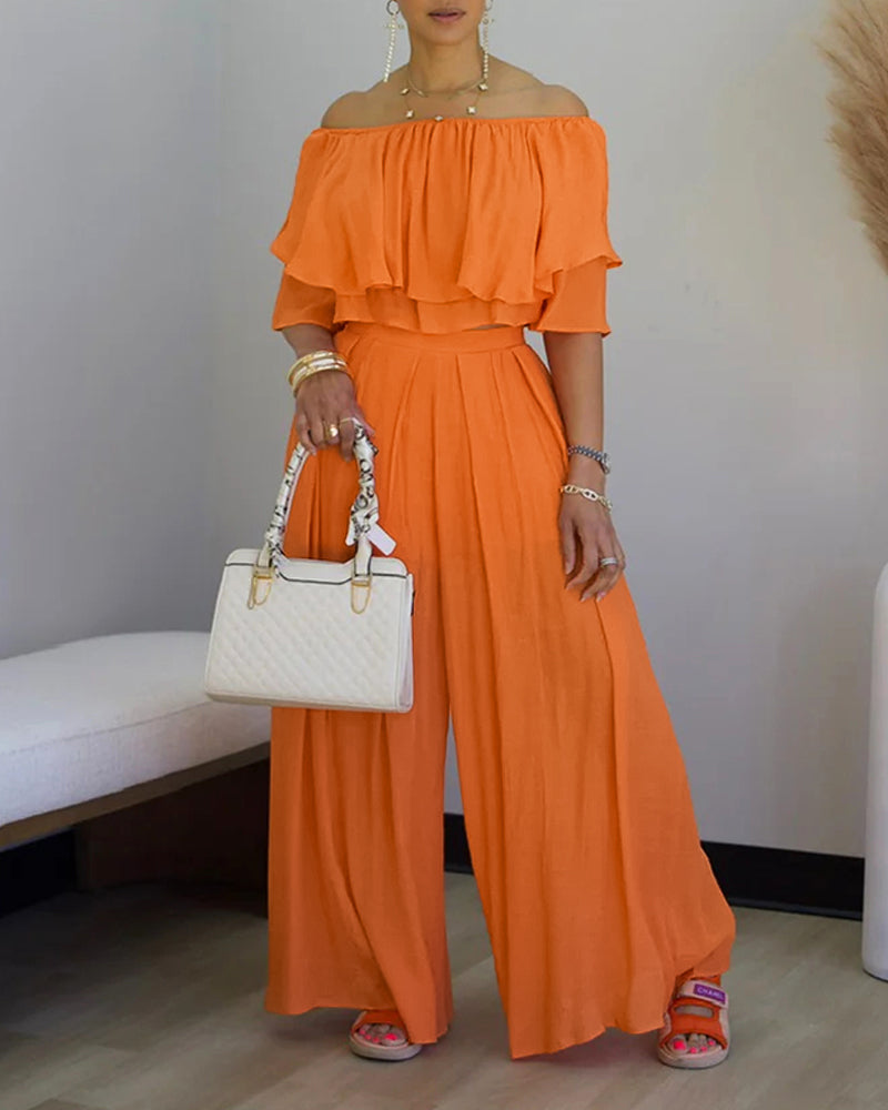 2 Pieces Outfit Off Shoulder Ruffles Crop Top and Casual High Waist Wide Leg Pants Set