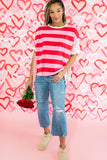 Pink Stripe Patchwork Round Neck Side Split Loose T Shirt