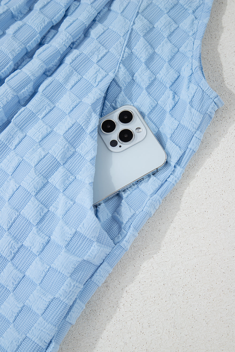 Beau Blue Checkered Pocketed High Waist Wide Leg Overall