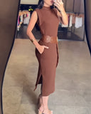 High Neck Sleeveless Side Slit Dress With Pocket(With Belt)