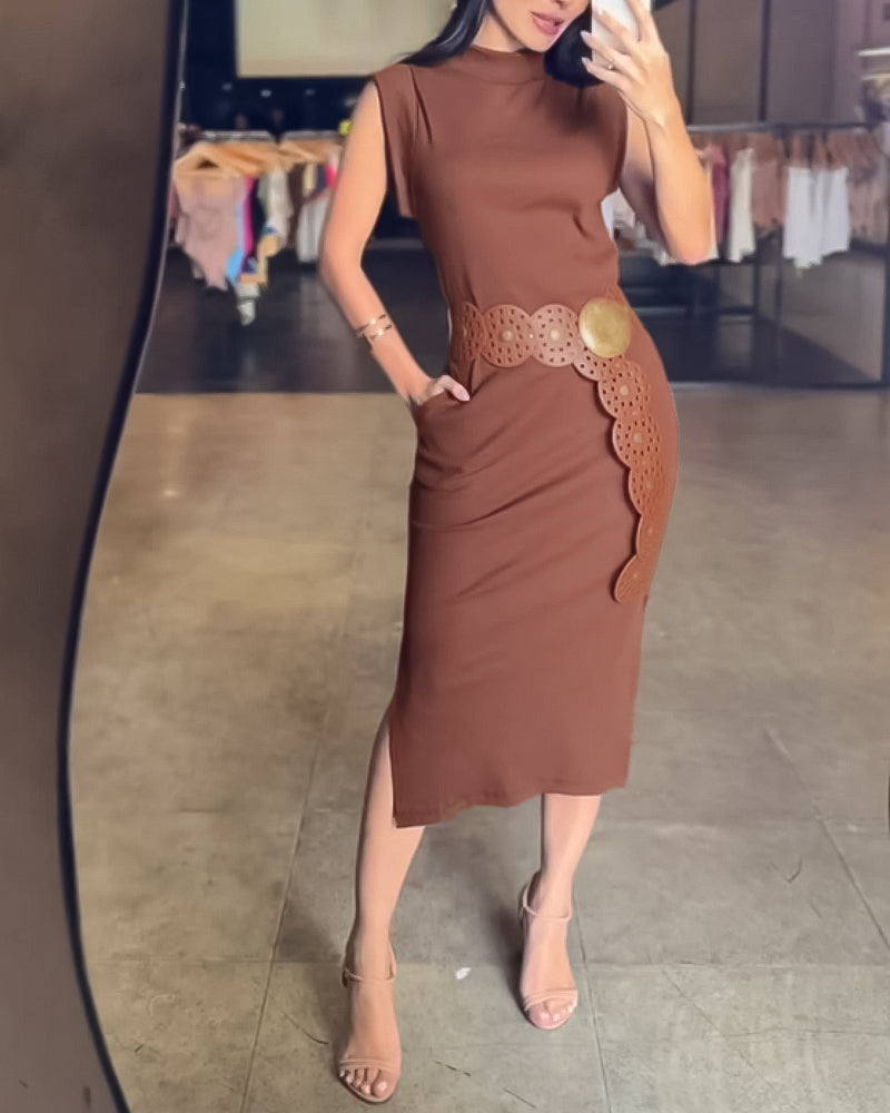 High Neck Sleeveless Side Slit Dress With Pocket(With Belt)