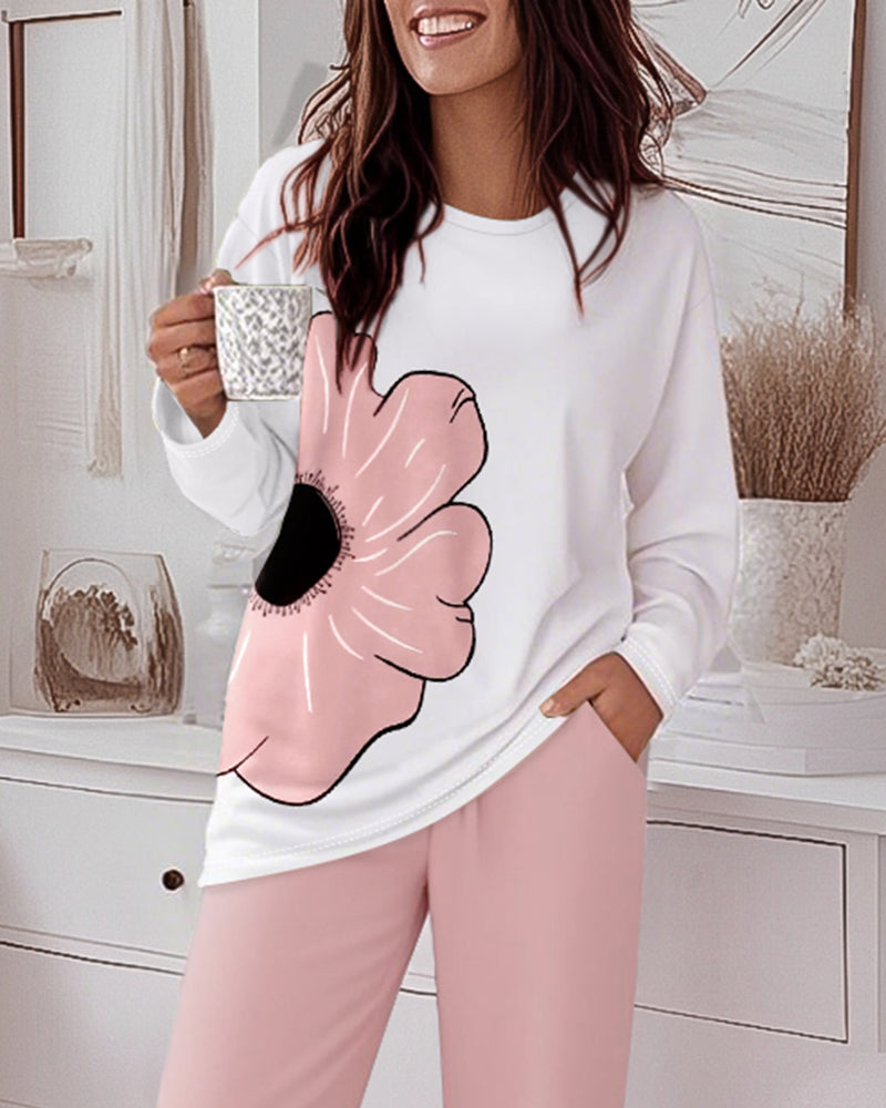 Floral Print Long Sleeve Top and Causal Pants Set