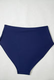 Navy Blue Abstract Print Frilled Trim Spaghetti Straps Tankini Set