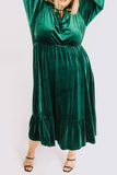Blackish Green Velvet Frilled up Neck Ruffled High Waist Plus Size Midi Dress