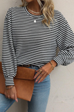 Black Stripe Drop Shoulder Puff Long Sleeve O Neck Plus Size T Shirt