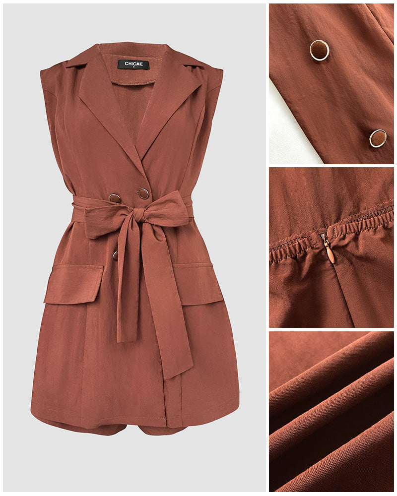 Notched Collar Sleeveless Tied Detail Button Romper