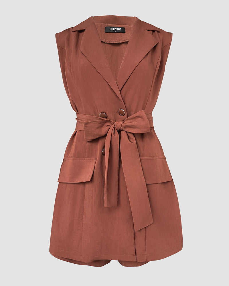 Notched Collar Sleeveless Tied Detail Button Romper