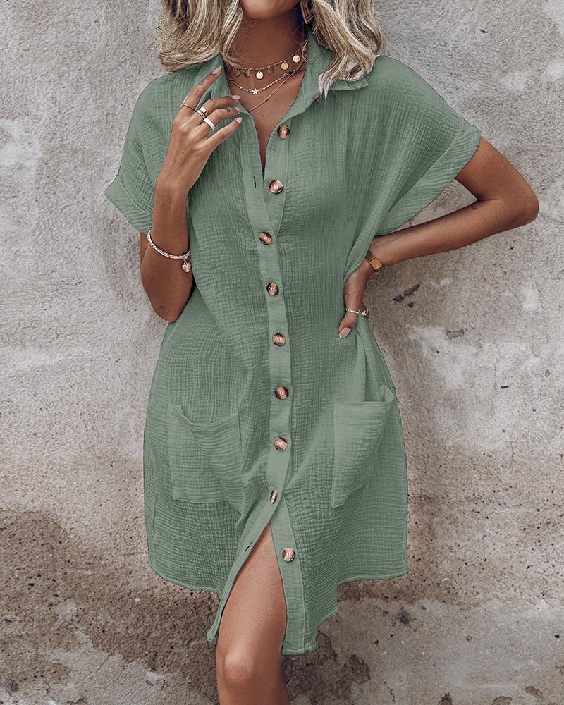 Turn down Collar Short Sleeve Dress Casual Button Dress with Pocket