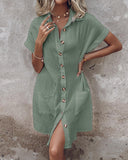 Turn down Collar Short Sleeve Dress Casual Button Dress with Pocket