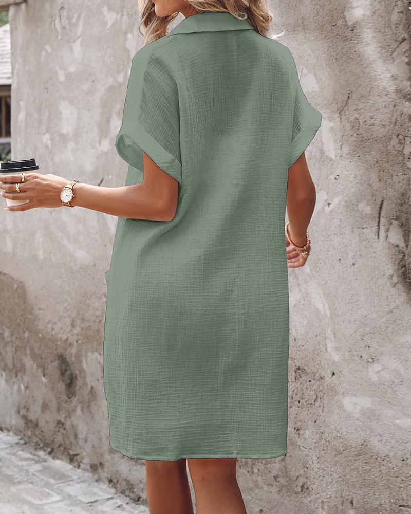 Turn down Collar Short Sleeve Dress Casual Button Dress with Pocket
