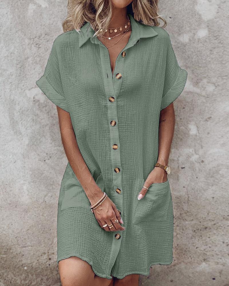 Turn down Collar Short Sleeve Dress Casual Button Dress with Pocket
