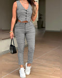 2 Pieces Plaid Print V Neck Button Front Sleeveless Tank with Lining and Casua Strechy Waist Pocket Design Slim Fit Pants Set