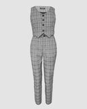 2 Pieces Plaid Print V Neck Button Front Sleeveless Tank with Lining and Casua Strechy Waist Pocket Design Slim Fit Pants Set