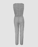 2 Pieces Plaid Print V Neck Button Front Sleeveless Tank with Lining and Casua Strechy Waist Pocket Design Slim Fit Pants Set