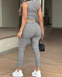 2 Pieces Plaid Print V Neck Button Front Sleeveless Tank with Lining and Casua Strechy Waist Pocket Design Slim Fit Pants Set