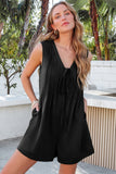 Black white Tie V Neck Pintuck Sleeveless Loose Romper