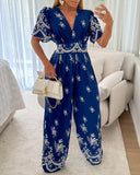 Floral Print Flutter Sleeve V Neck Maxi Wide Leg Jumpsuit Casual Overalls