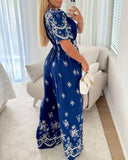 Floral Print Flutter Sleeve V Neck Maxi Wide Leg Jumpsuit Casual Overalls