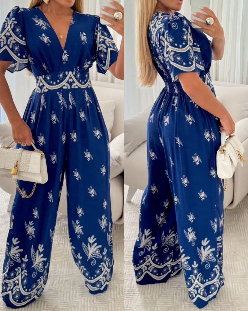 Floral Print Flutter Sleeve V Neck Maxi Wide Leg Jumpsuit Casual Overalls