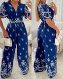 Floral Print Flutter Sleeve V Neck Maxi Wide Leg Jumpsuit Casual Overalls