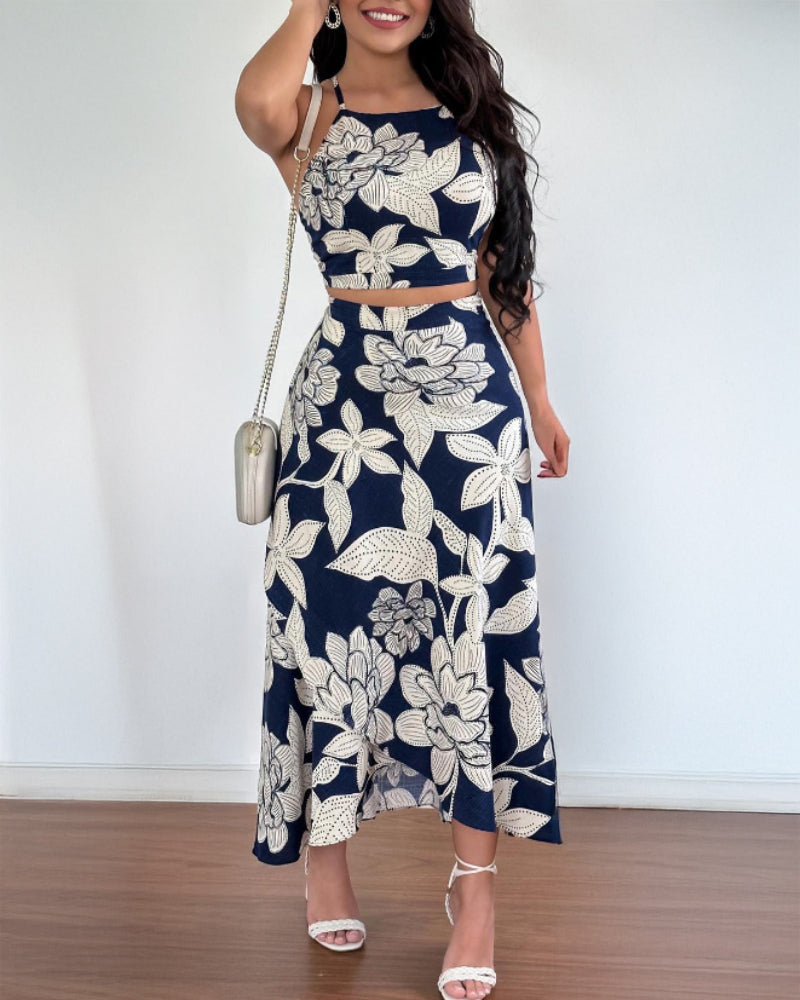 2 Pieces Outfit Floral Print Halter Spaghetti Strap Top Floral Print Lace up Backless Dress