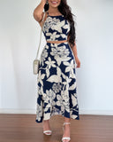 2 Pieces Outfit Floral Print Halter Spaghetti Strap Top Floral Print Lace up Backless Dress