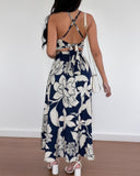 2 Pieces Outfit Floral Print Halter Spaghetti Strap Top Floral Print Lace up Backless Dress