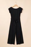 Black Checkered Mesh One Shoulder Short Sleeve Knotted Waist Jumpsuit