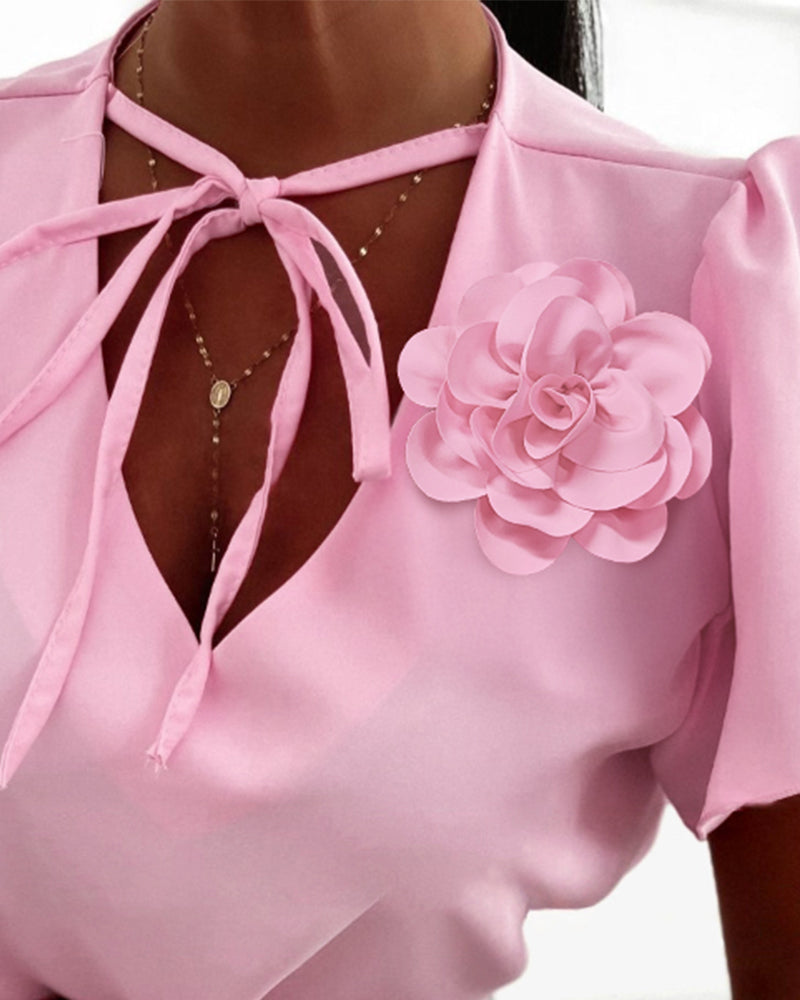 V Neck 3D Flower Decor Puff Sleeve Tied Detail Blouse Casual Shirt