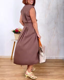 Stand Collar Sleeveless Button Down A Line Dress Back Ruched Work Dress (With Belt)