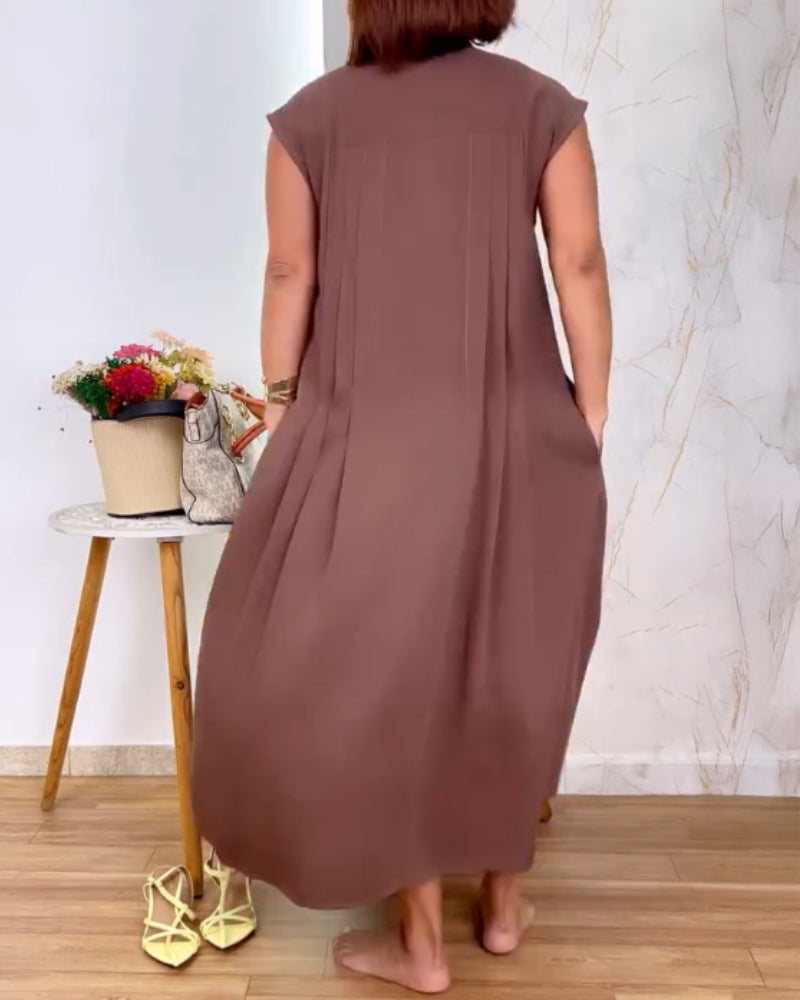 Stand Collar Sleeveless Button Down A Line Dress Back Ruched Work Dress (With Belt)