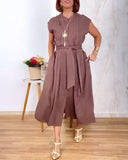 Stand Collar Sleeveless Button Down A Line Dress Back Ruched Work Dress (With Belt)