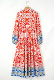 Orange Boho Geometric Printed Long Sleeve Maxi Dress