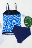Navy Blue Abstract Print Frilled Trim Spaghetti Straps Tankini Set