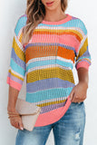 Pink Stripe Plus Size Open Knit Patch Pocket Short Sleeve Sweater