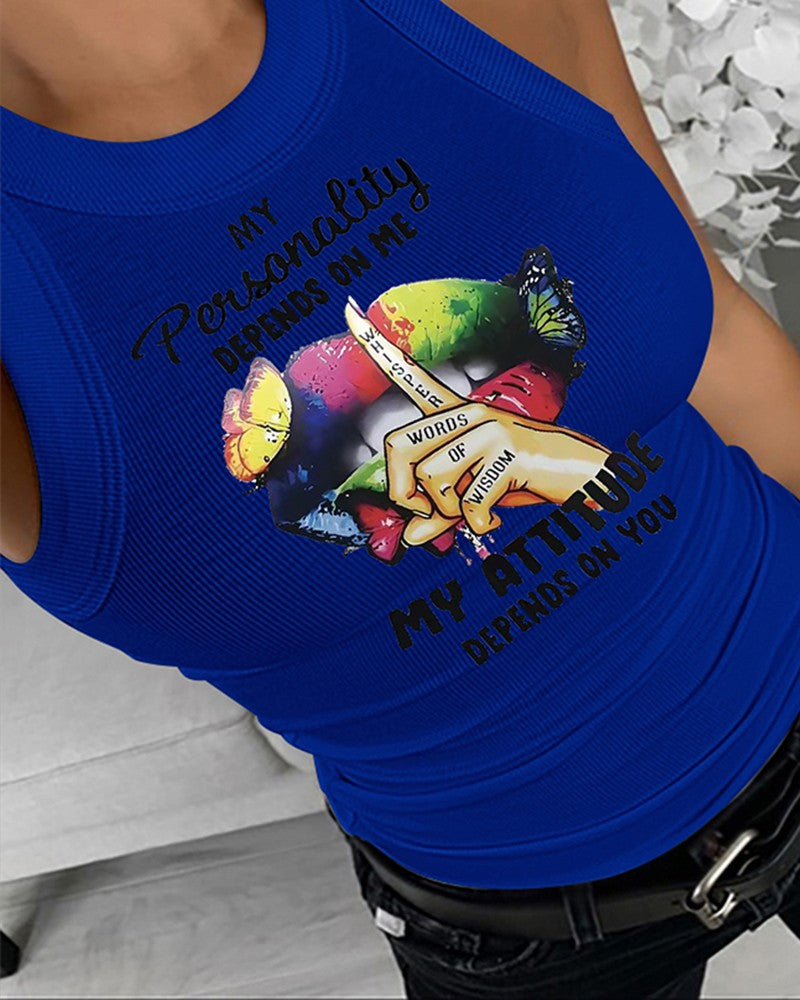 My Personality Depends On Me My Attitude Depends On You Butterfly Slogan Print Ribbed Tank Top