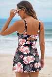 Black Floral Print Twisted Hollowed Back Swim Dress
