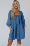 Dusk Blue Square Neck Side Pockets Loose Fit Denim Mini Dress