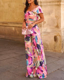 Plants Print Criss Cross Cold Shoulder Ruched Jumpsuit Casual Waist Wide Leg Romper