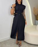 Floral Print Stand Collar Sleeveless Button Down Casual Dress Cutout Elastic Waist Back Maxi Dress