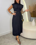 Floral Print Stand Collar Sleeveless Button Down Casual Dress Cutout Elastic Waist Back Maxi Dress