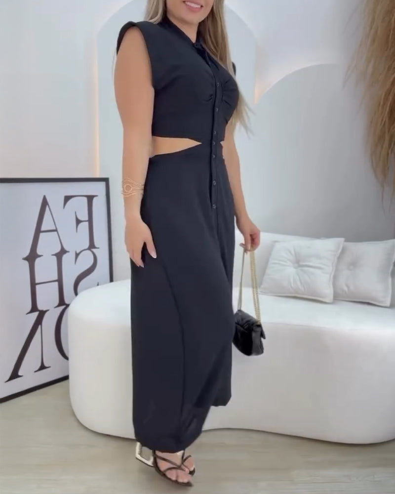 Floral Print Stand Collar Sleeveless Button Down Casual Dress Cutout Elastic Waist Back Maxi Dress