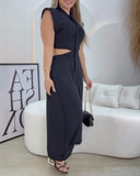 Floral Print Stand Collar Sleeveless Button Down Casual Dress Cutout Elastic Waist Back Maxi Dress