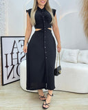 Floral Print Stand Collar Sleeveless Button Down Casual Dress Cutout Elastic Waist Back Maxi Dress