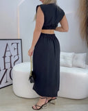 Floral Print Stand Collar Sleeveless Button Down Casual Dress Cutout Elastic Waist Back Maxi Dress