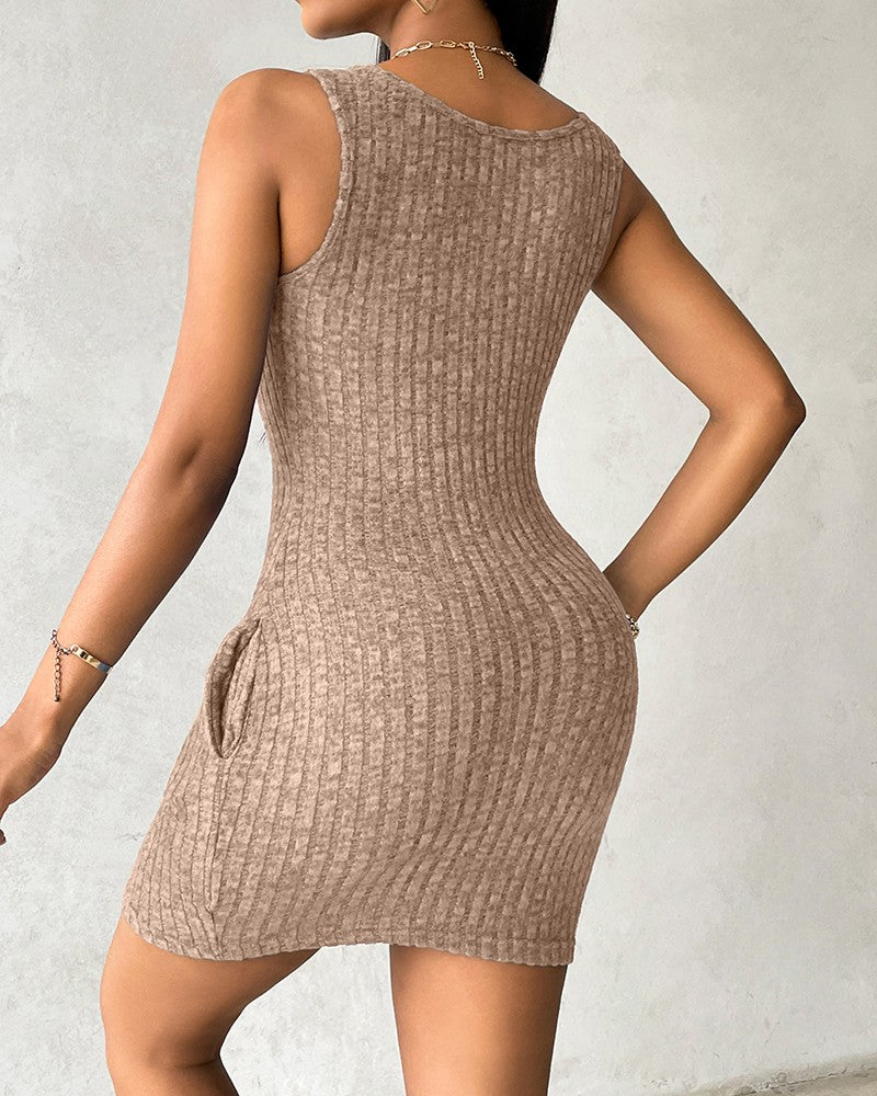 Pocket Design Ribbed Tank Dress Sleeveless Button Front Pullover Bodycon Mini Dresses