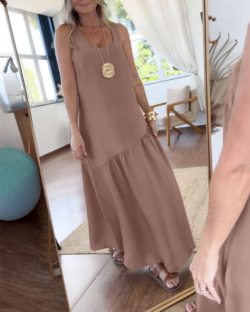 U Neck Thick Strap Sleeveless Ruffle Hem Straight Maxi Dress