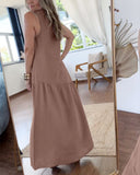 U Neck Thick Strap Sleeveless Ruffle Hem Straight Maxi Dress