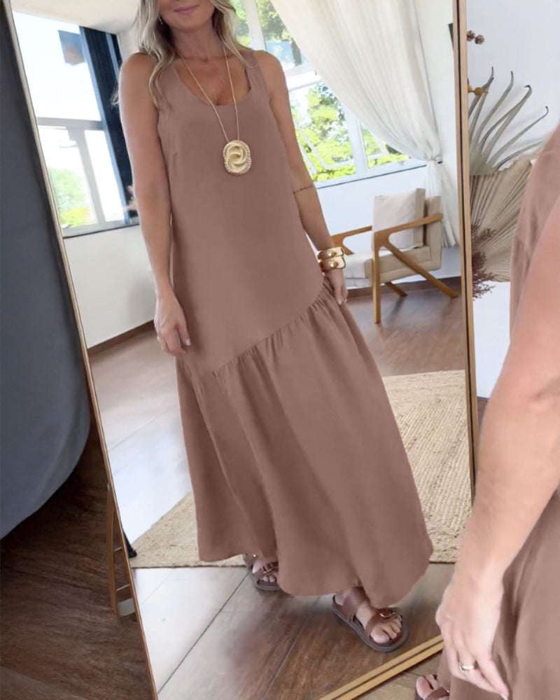 U Neck Thick Strap Sleeveless Ruffle Hem Straight Maxi Dress