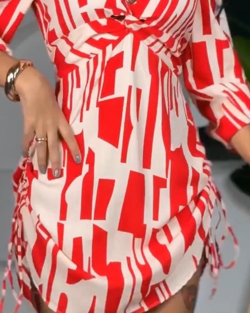 All Over Print Side Drawstring Twisted Shirt Dress